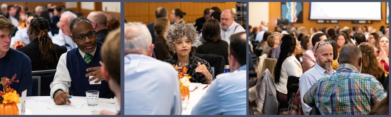Three photos of Talking Together attendees engaging in civil discourse and conversation